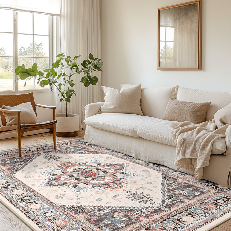 Machine Washable Non Slip Vintage Area Rugs for Living Room Bedroom Dining Room - Khaki/Brown/Beige, Rectangle 6' x 9'