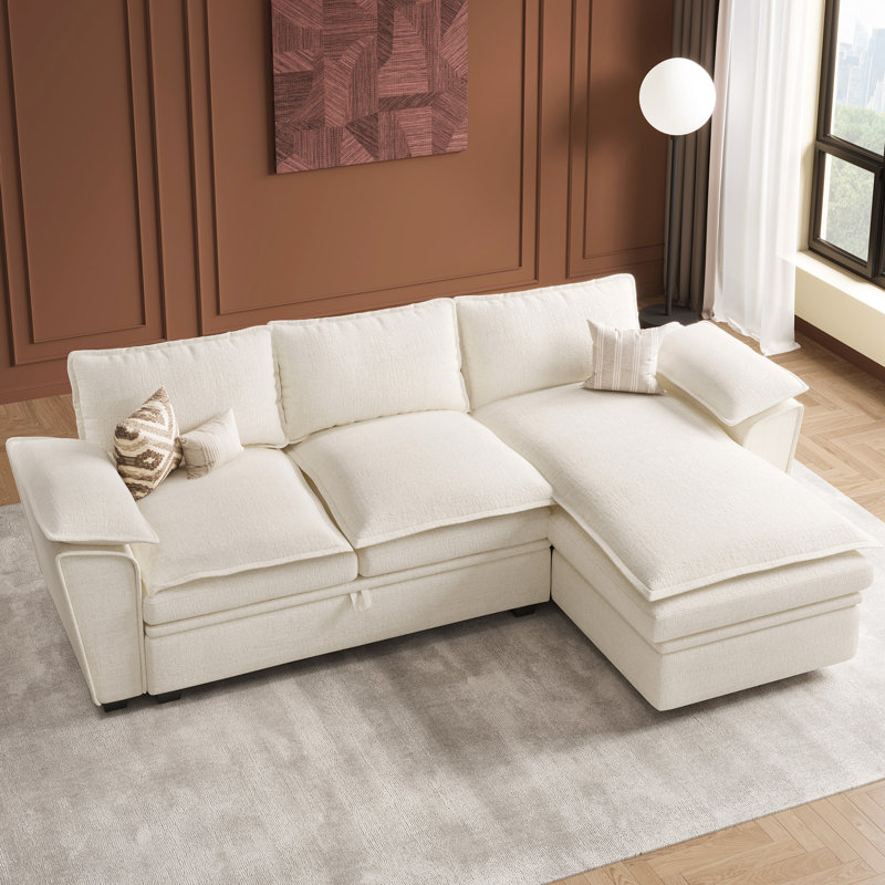 Upholstered L-Shaped Sectional Sofa With Chaise, Beige Chenille