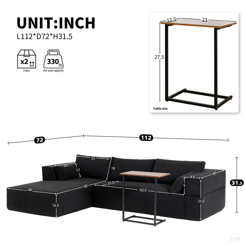 Canapé modulaire Boneless de 112 po - Tissu bouclé infroissable, siège et chaise larges - Comprend une table d'appoint gratuite - sans assemblage, combinaison en L libre