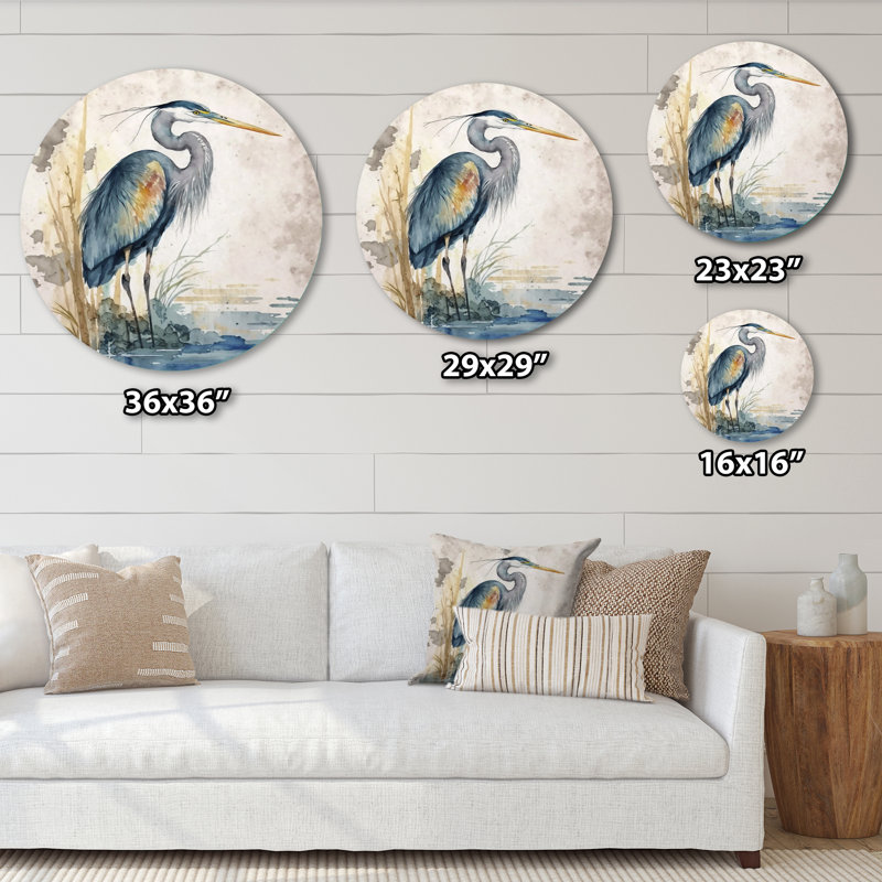 Héron au bord de l'eau, aquarelle I - animaux, art en métal rond, H 16 po x l 16 po