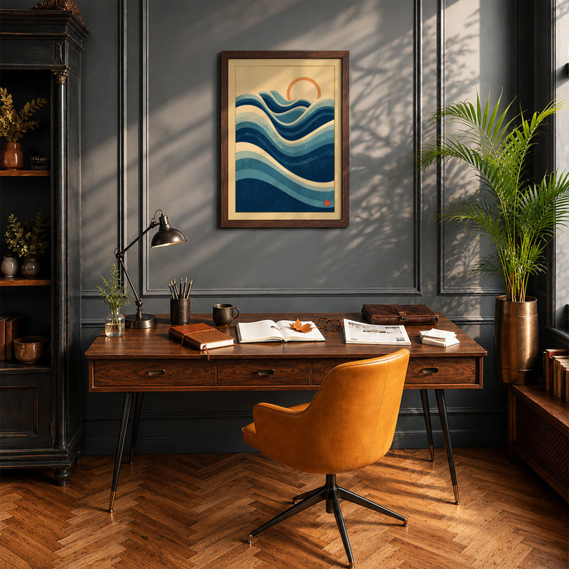 Ocean Waves in Blue Japandi - Framed Print, Walnut, A4 - 29.7 x 21.0 cm
