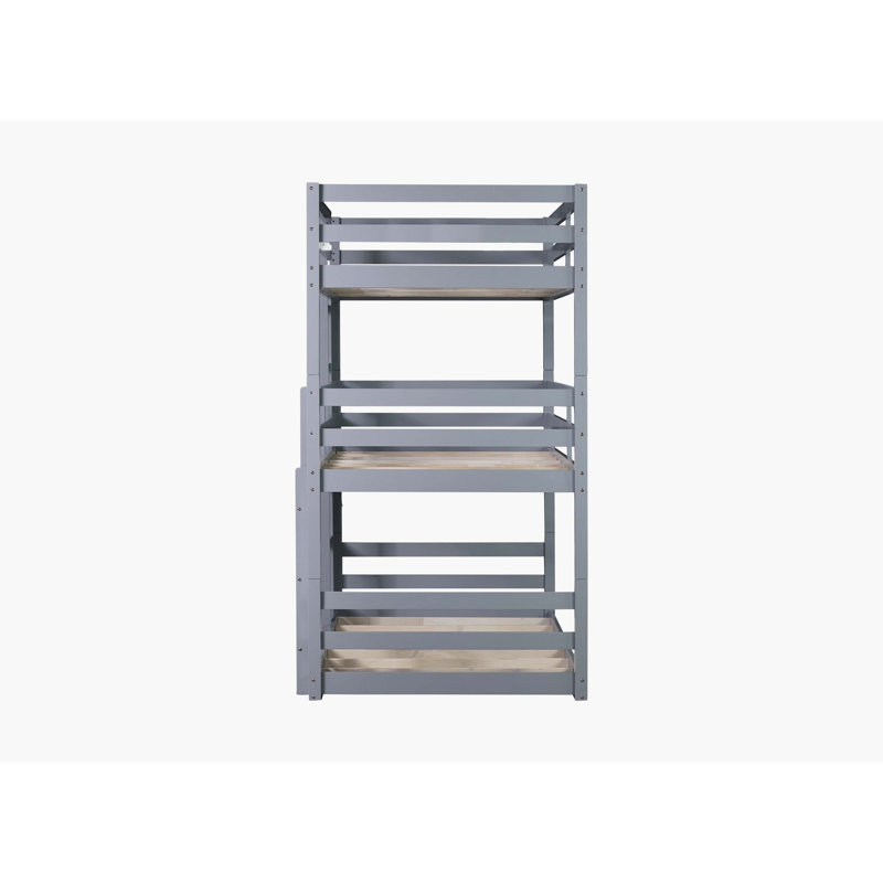 Grey Rubber Wood Triple Watsons Bunk Bed With Two Built-In Ladders, Safety Guardrails, And Detachable Structure, Gray