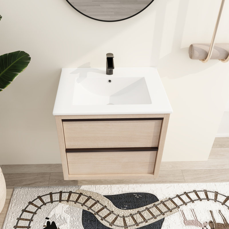 24'' Single Sink Wall Mounted Bathroom Vanity,Floating Vanity with 2 Drawers and Ceramic Basin Sink Top, White, White
