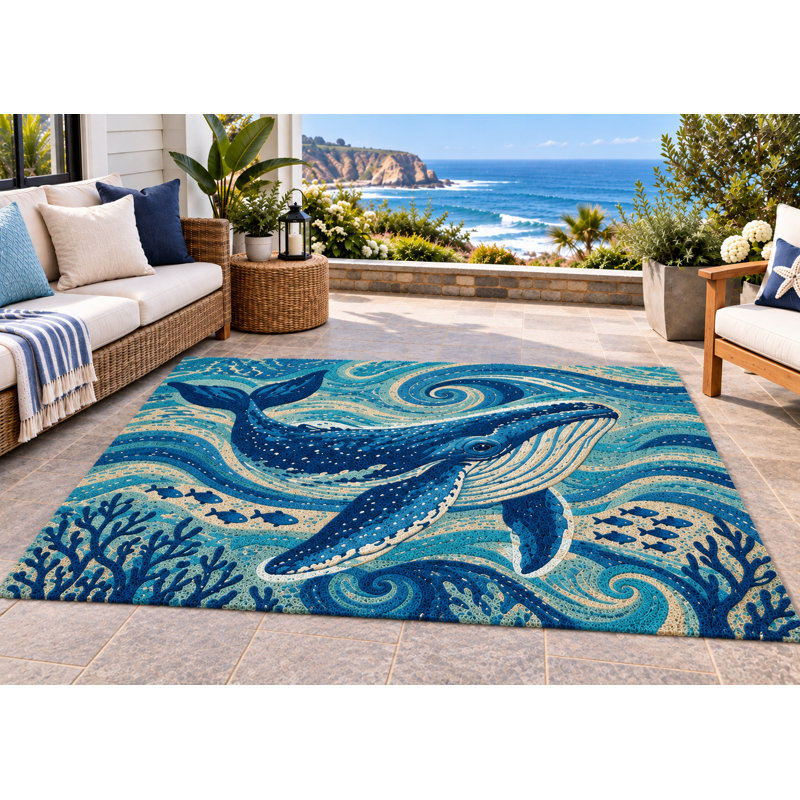 Tapis d'extérieur 152 x 213 cm (5' x 7') motif baleine à bosse océan, épais, imperméable, en PVC bouclé, tapis de patio résistant, séchage rapide, idéal pour l'intérieur et l'extérieur (entrée, entrée).