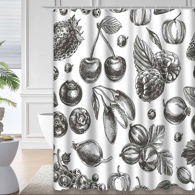 Rideau de douche imperméable à motif de cerises et baies rétro avec 12 crochets, L 72 po x l 84 po