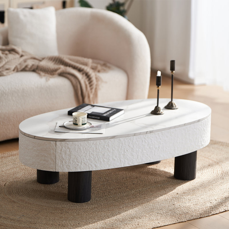 Table basse ovale avec plateau en faux marbre, table basse moderne avec tiroir caché et espace de rangement