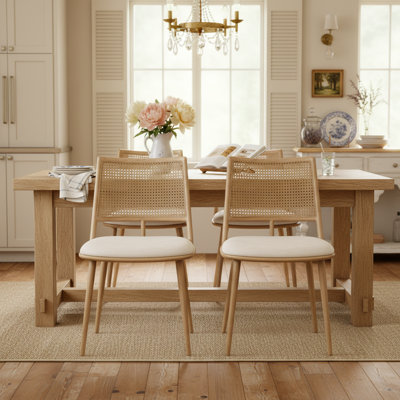 Upholstered Dining Chair With Rattan Back,Farmhouse Side Chair For Kitchen/Dining Room(Set Of 2)