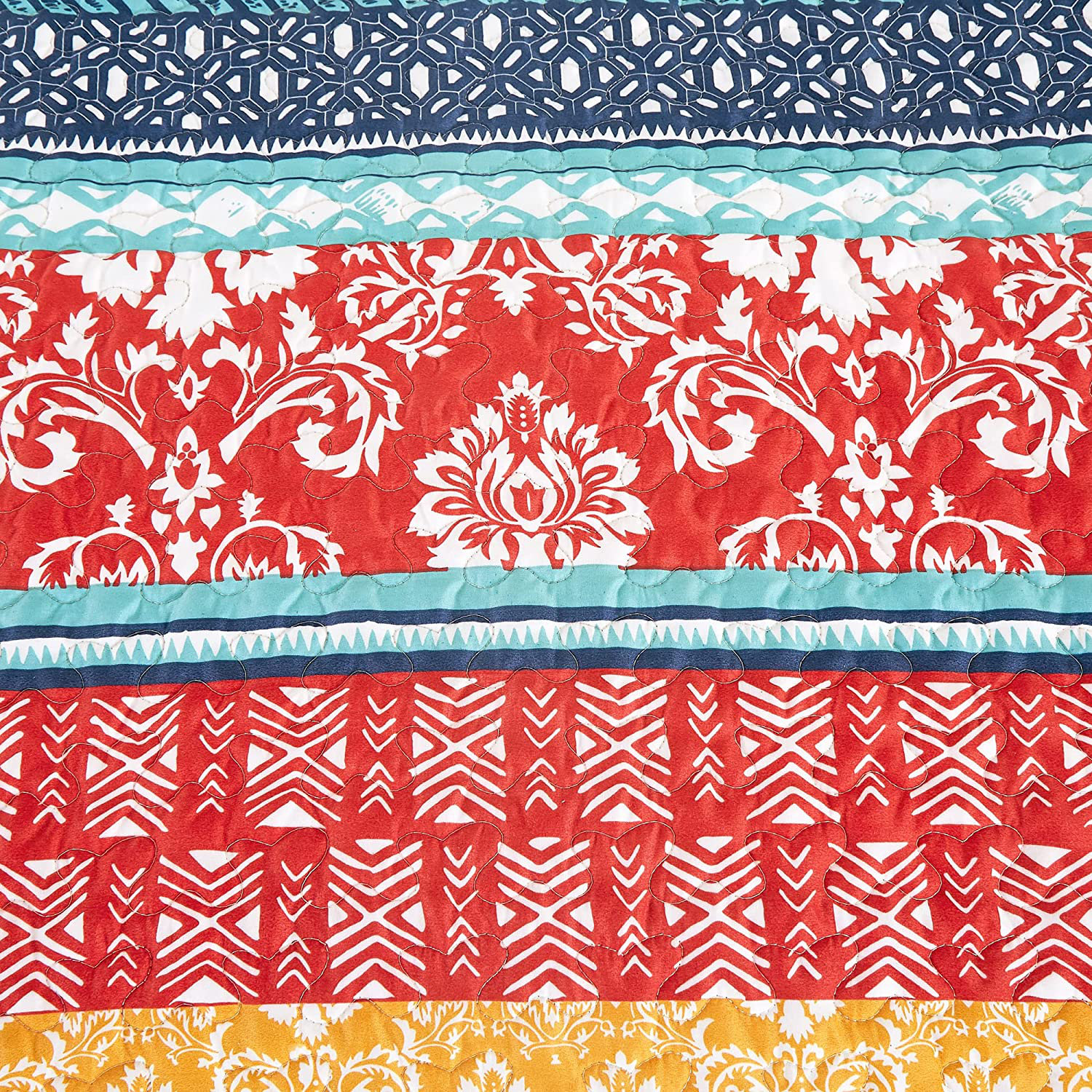 Chezmoi Collection Amara - Set Trapunta Bohemien 3 Pezzi Matrimoniale (254x241 Cm) - Righe Floreali In Microfibra - 2