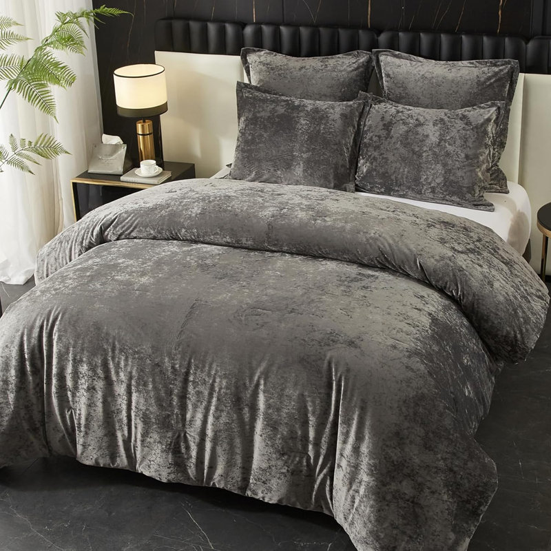 Ensemble d'édredon en velours écrasé, ensemble d'édredon léger, 5 pièces, Gris