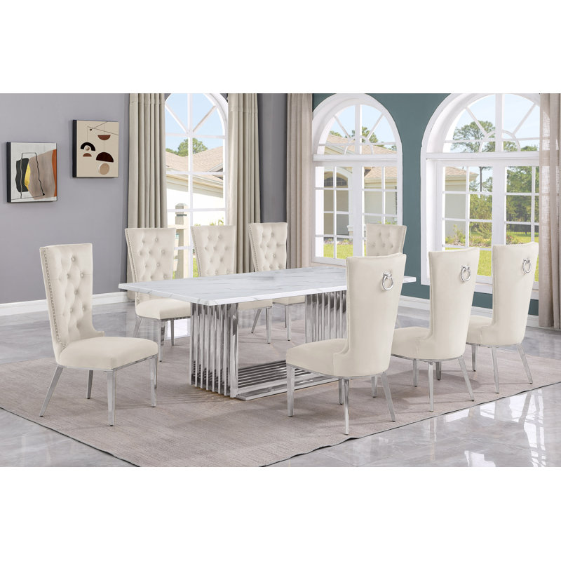 Barkhamsted Marble Top Pedestal Dining Set, Silver, 9, Cream/Silver