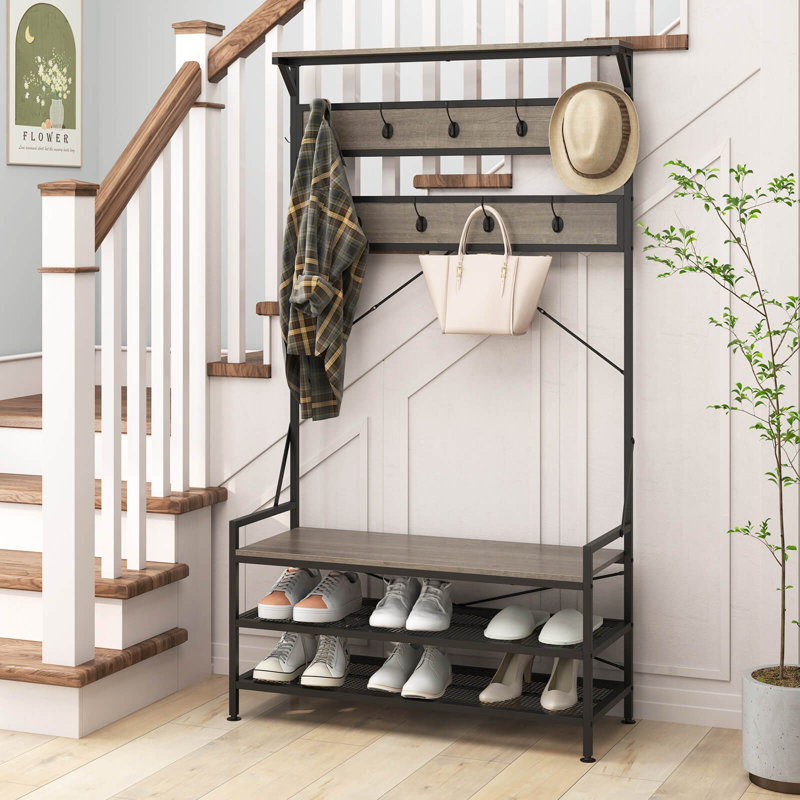 Coat Rack 4-in-1 Hall Tree With 11 Hanging Hooks, Shoe Bench, 2-tier Shoe Rack, Gray