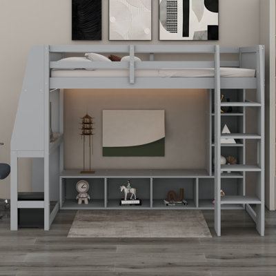 Contemporary  Gaming Loft Bed with Desk, Shelves, LED Light and Clothes Rod