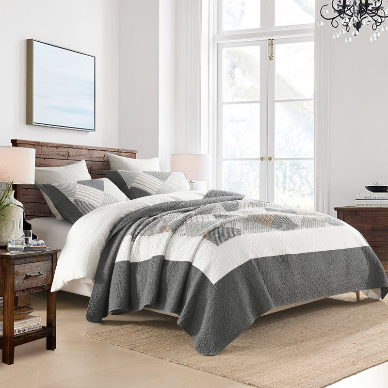 DUOHONG 100% Cotton  Quilted Quilt Set, Queen Quilt + 2 Standard Shams, Gray/White/Brown Plaid