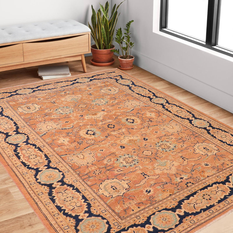 Tapis oriental rose en laine noué à la main 6 pi x 9 pi 3 po Baccio