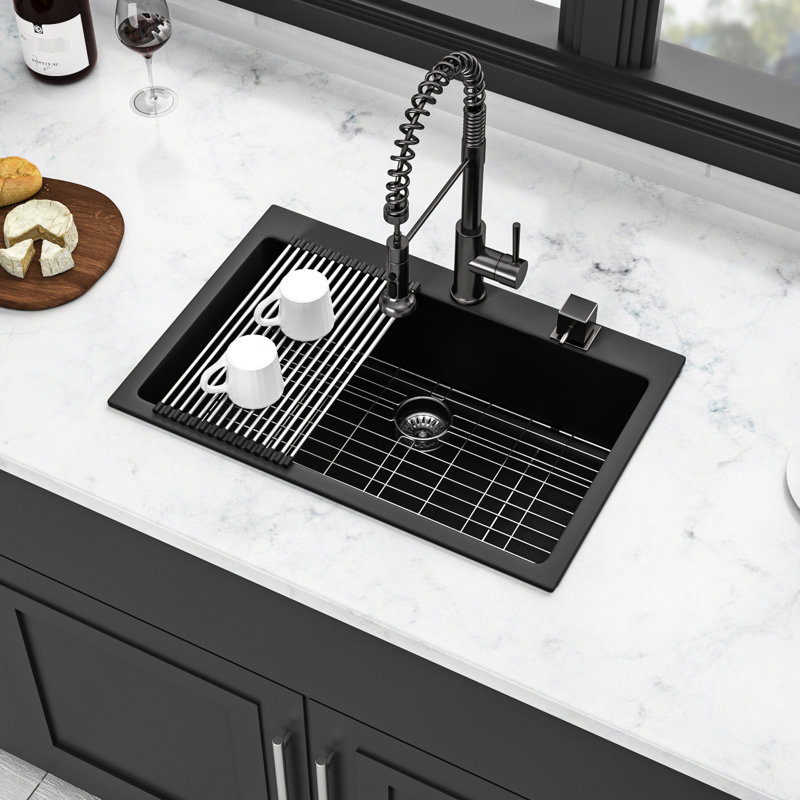 Black Quartz Kitchen Sink 33X22", High Composite, Strong And , Reduces Dirt Noise, Easy To Clean Surfaces Composite Quartz, Stable, Smooth Surface For Maintenance