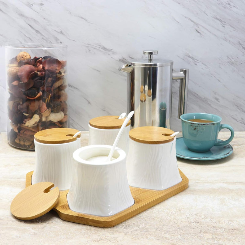Pots en céramique pour épices, confiture et salsa avec couvercles en bambou et cuillères de service