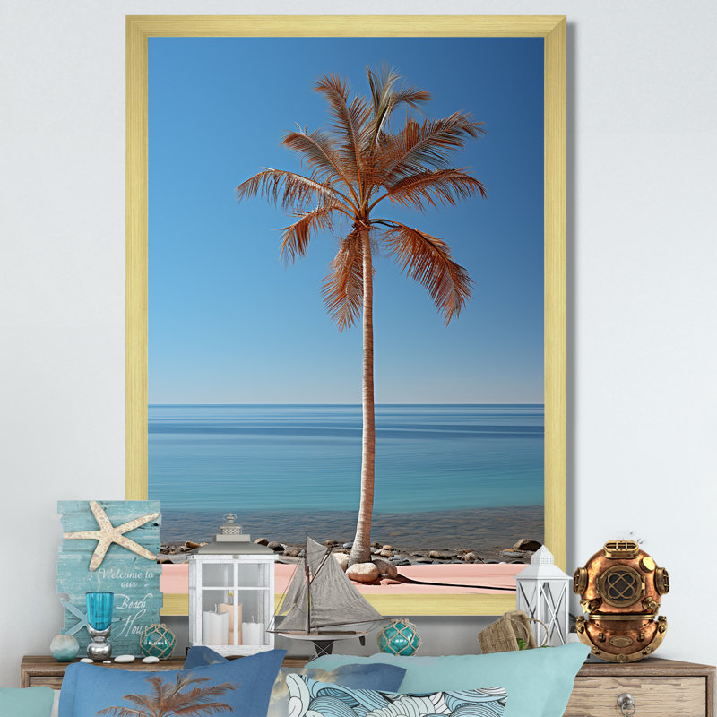 Sea Breeze Blue and Pink Plam Tree II sur toile, H 32 po x l 16 po x P 1 po, Encadrement doré