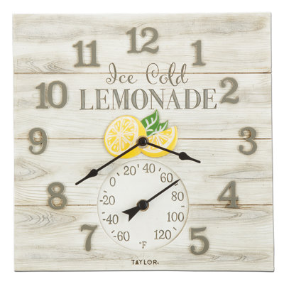 14"X14" Poly Resin Clock W/Thermometer-Lemonade Design
