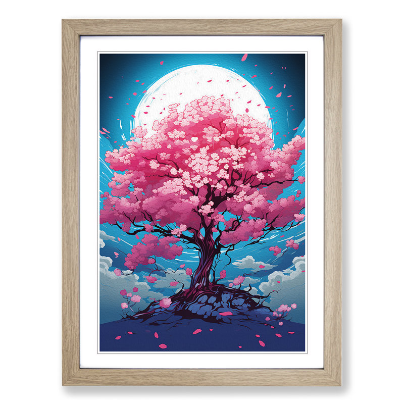 Cherry Blossom Tree Pop No.2 - Single Picture Frame Print on Wood, 34cm H x 25cm W x 2cm D, Oak Framed