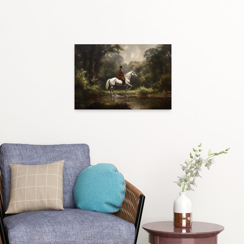 Elegant Rider In Forest Classic Elegant Peaceful Dog Horse Forest Nature Wall Art Print by Mathieu - Wrapped Canvas Print