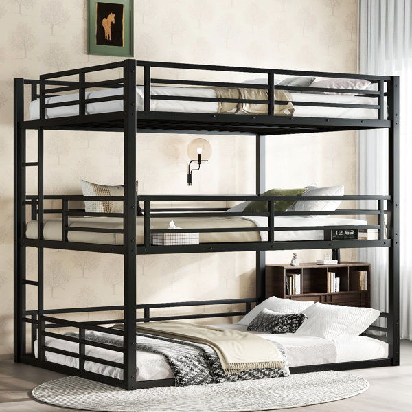 Latitude Run® Black Queen Over Full Xl Metal Triple Bunk Bed With Noise ...