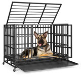 Heavy Duty Indestructible Dog Crate, Steel Escape Proof Dog Cage Kennel for High Anxiety Dogs, with Lockable Wheels and Removable Tray, for Medium Large Dogs