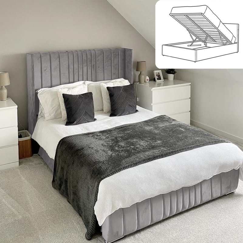 Vista Wingback Ottoman Storage Bed - Plush Velvet Gas Lift Bed Frame with Headboard, Silver, Double (4'6)