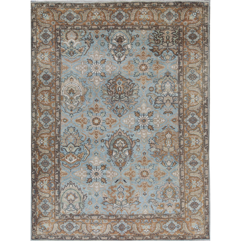 Tapis bleu clair et rouille de haute qualité noué à la main