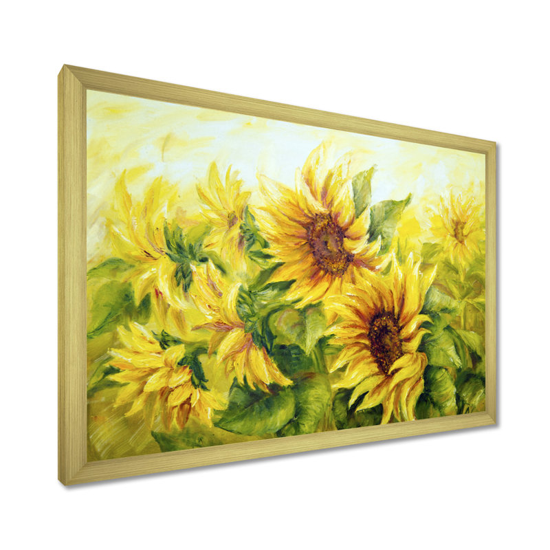 Bright Yellow Sunny Sunflowers - impression d'art graphique, H 16 po x l 32 po, Avec cadre, Doré