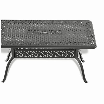 L 59,05 po x l 35,43 po, table de salle à manger en aluminium coulé avec structure noire et trou pour parasol