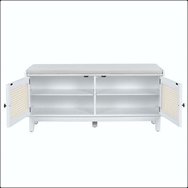 Banc de hall d'entrée en rotin avec coussin et rangement réglable Boho - blanc, Gray, Beige, blanc