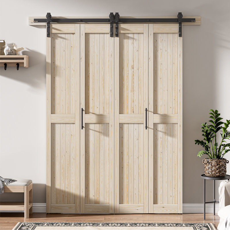Assembled Solid Core Pine Wood Bi-Fold Door With Hardware Kit, Beige, 72" x 84"