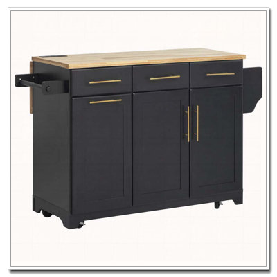 59.3" Kitchen Island with 2 Pull Out Cabinet Organizers & Rubber Wood Drop Leaf, Rolling Kitchen Island with Trash Can Storage, Power Outlet, Spice & Towel Rack for Kitchen, Dining