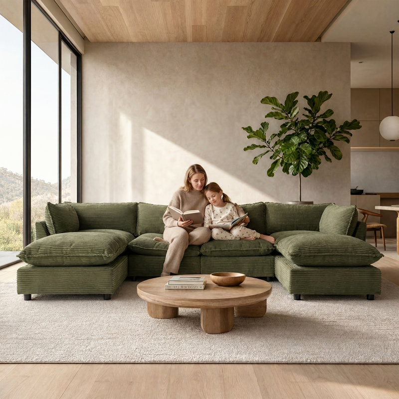 Canapé modulaire avec repose-pieds 31,5 po Annamaria, Velours côtelé vert