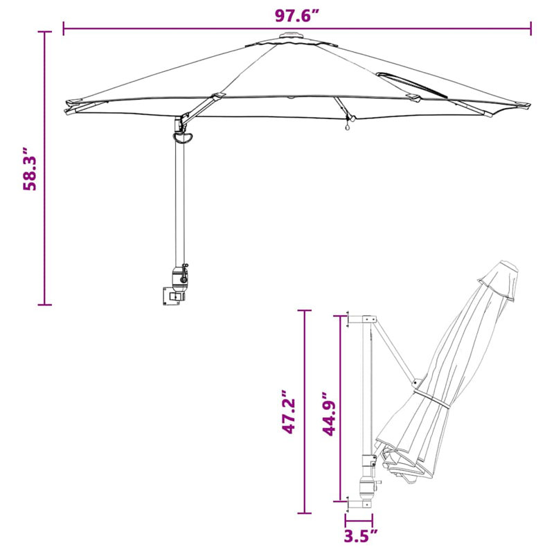 Garden Parasol with LED Strip Lights Manual Polyester and Steel Solar, 148cm H x 248cm W x 248cm D, Black