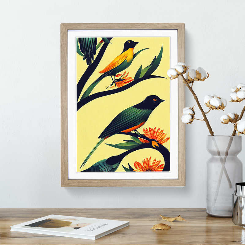 Birds On The Branch - Wall Art, 48cm H x 36cm W, Oak Framed, White
