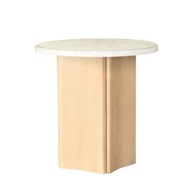Table d'appoint avec plateau en marbre de 32 mm d'épaisseur, fini chêne, en résine, supporte un poids maximal de 18 kg, et mesure 61 cm de profondeur, largeur et hauteur. Dimensions indiquées.