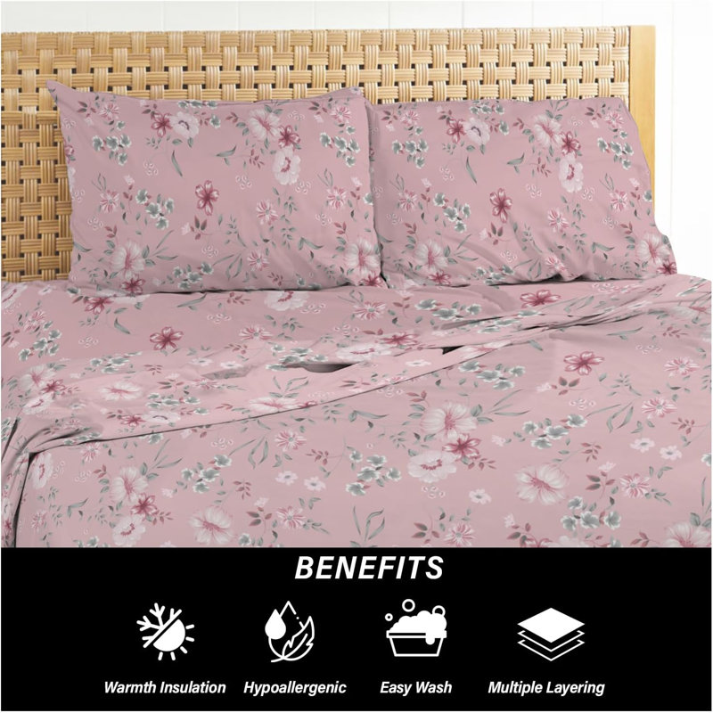 100% Cotton Standard Sheet Set, Single (172 x 239cm), Pink, Floral