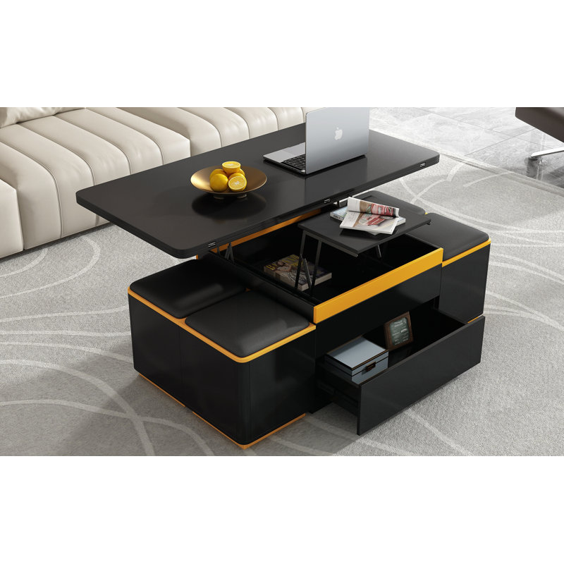 Table basse à plateau relevable avec 4 tabourets de rangement, Noir