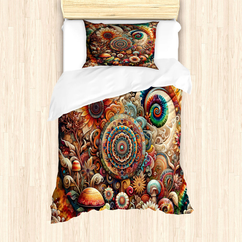 Twin Psychedelic Floral Huddle Duvet Cover Set with Pillow Sham
