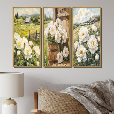 Fermes de pivoines de ferme dans la plaine de chèvre I - Collection d'art mural traditionnel 3 pièces
