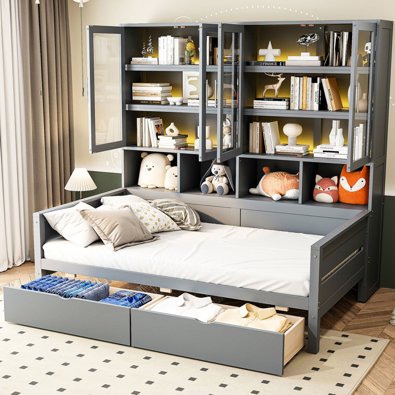 Lit de jour simple gris moderne avec rangement intégré et éclairage d'ambiance avec porte vitrée à DEL, finition