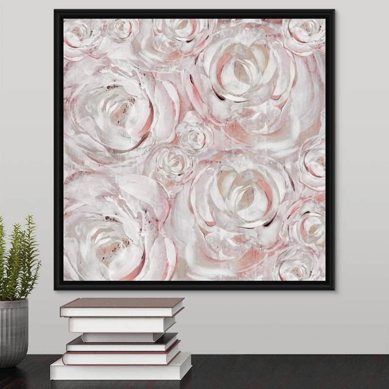 « rosé double iii », peinture sur toile, H 17,7 po x l 17,7 po, Reproduction avec cadre flottant, Noir