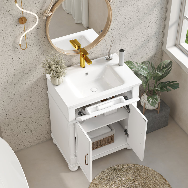 Meuble-lavabo 28 po Mid-Century avec lavabo, structure en bois massif et poignées en métal, Blanc, 28"