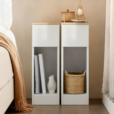 Set of 2 Narrow Nightstands 7.9'' W, End Tables Bedside Tables with Storage Drawer and Open Shelf, for Bedroom,Living Room,Small Space, White & Natural 