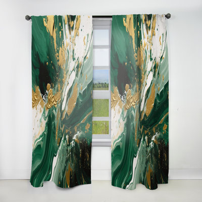 Green And Gold Liquid Magic I - Modern Room Darkening Abstract Curtain - 1 Panel