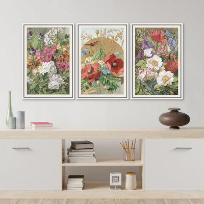 " Botanical Vintage Floral Richly Colored Flowers with Insects Illustrations Modern Art Decor Chic " 3 Piece Art Print
