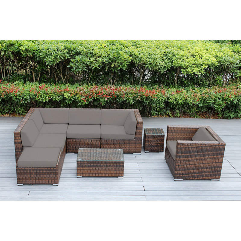 Ensemble de conversation en osier pour 6 personnes avec coussins - aucun assemblage, Toile Sunbrella® taupe
