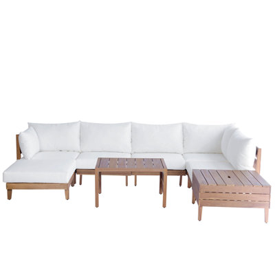 8-Piece Acacia Wood Outdoor Patio Sofa Set, Modular Sectional Furniture Set With Storage Tea Table, Coffee Table And Cushions For Backyard, Poolside, Indoor&Outdoor, Beige