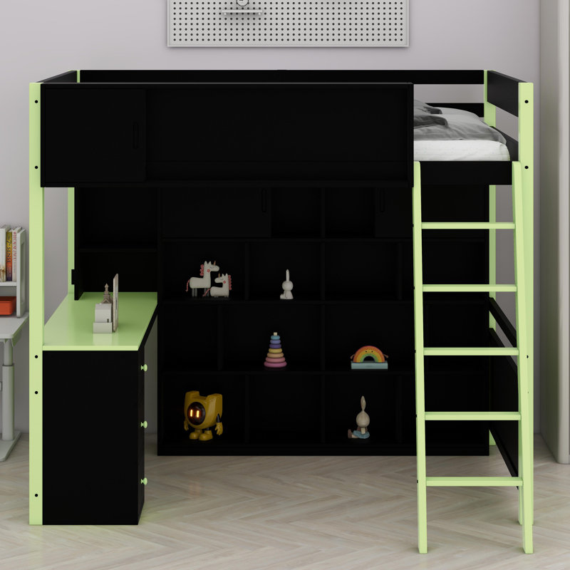 Lit mezzanine en bois avec bureau, Vert